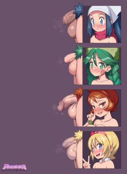 4futa absurdres akari_(pokemon) arezu_(pokemon) artist_name blonde_hair blue_eyes blue_hair breasts brown_eyes censored chart comparison develadara flaccid futanari green_eyes green_hair hat highres irida_(pokemon) large_breasts long_hair long_image looking_at_viewer matching_hair/eyes medium_penis mosaic_censoring multiple_futa nintendo nude open_mouth penis penis_chart penis_comparison penis_size_comparison pokemon pokemon_legends:_arceus pubic_hair purple_background red_hair sabi_(pokemon) scarf short_hair simple_background small_penis smile testicles v veins veiny_penis veiny_testicles