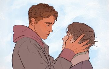 2boys alternate_universe arcane:_league_of_legends arcane_jayce brown_hair closed_mouth commentary contemporary english_commentary fingernails from_side grey_jacket hands_on_another&#039;s_face highres hood hood_down hoodie jacket jayce_(league_of_legends) layered_clothes league_of_legends male_focus multiple_boys notholaenas open_mouth profile red_hoodie short_hair thick_eyebrows viktor_(arcane) viktor_(league_of_legends) wide-eyed yaoi