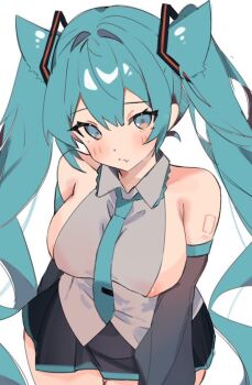 1girl animal_ears aqua_ascot aqua_eyes aqua_hair aqua_necktie areola_slip ascot black_skirt black_sleeves cat_ears coco_irasuto detached_sleeves grey_shirt hatsune_miku miniskirt necktie shirt skirt twintails vocaloid