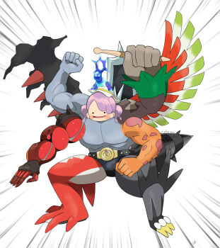._. arms_up baxcalibur belt blush buzzwole clenched_hands commentary_request ditto drumsticks emphasis_lines extra_arms female_protagonist_(pokemon_pokopia) full_body fusion gen_1_pokemon gen_2_pokemon gen_4_pokemon gen_5_pokemon gen_7_pokemon gen_8_pokemon giratina giratina_(altered) glassy0302 hat highres ho-oh holding holding_drumsticks koraidon landorus landorus_(incarnate) legendary_pokemon machamp muscular nintendo open_mouth pokemon pokemon_(creature) pokemon_focus pokemon_pokopia purple_hair rillaboom simple_background smile solo standing tail terapagos terapagos_(stellar) transformed_ditto twintails ultra_beast urshifu urshifu_(single) white_background white_hat wings zekrom