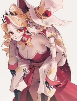 1boy 1girl apple bare_shoulders blonde_hair bow bowtie breasts bruise bruise_on_face charlie_morningstar cleavage food fruit grey_background grin hashtag-only_commentary hat hazbin_hotel hellaverse highres injury jacket large_breasts long_hair lucifer_morningstar_(hazbin_hotel) multicolored_hair pants red_eyes sharp_teeth shipduck13 simple_background smile teeth top_hat torn_clothes torn_hat two-tone_hair upper_teeth_only white_hair white_hat white_jacket white_pants