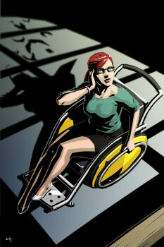 1girl adjusting_hair barbara_gordon bat_(animal) batgirl batman_(series) bracelet breasts dc_comics dual_persona female_focus glasses green_eyes jewelry kit lipstick looking_up makeup moonlight night oracle oracle_(dc) ponytail red_hair signature silhouette sitting skirt solo wheelchair