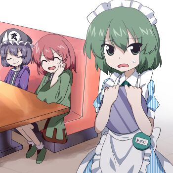 3others ^_^ absurdres alternate_costume androgynous anime_coloring apron aqua_necktie aqua_shirt arrow_print back_bow bare_arms black_hat black_shirt blue_dress booth_seating boots bow brown_shorts buttons chair closed_eyes closed_mouth collared_shirt cowboy_shot dot_nose dress elbow_on_table enmaided frilled_apron frilled_headwear frills frown full_body green_boots green_eyes green_hair green_jacket hair_between_eyes hand_on_own_cheek hand_on_own_face happy hat highres holding holding_tray hood hood_down hooded_jacket indoors jacket kurokoge_karubi laughing len&#039;en long_sleeves looking_at_viewer maid maid_headdress mob_cap multiple_others name_tag necktie nervous_sweating on_chair open_clothes open_jacket open_mouth other_focus puffy_short_sleeves puffy_sleeves purple_jacket pushpin raised_inner_eyebrows red_hair restaurant shadow shirt shirt_under_dress shitodo_aoji shitodo_hooaka shitodo_kuroji short_hair short_sleeves shorts siblings sitting smile socks solo_focus standing striped_clothes striped_dress sweat sweatdrop table tile_floor tiles tray triangular_headpiece unmoving_pattern vertical-striped_clothes vertical-striped_dress white_apron white_bow white_socks wide_sleeves zipper