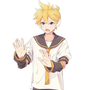 Rule 34 | 1boy, absurdres, aqua eyes, arm warmers, black arm warmers, black sailor collar, blocking, blonde hair, commentary, headphones, highres, kagamine len, m0ti, male focus, necktie, nervous, open mouth, outstretched arms, outstretched hand, sailor collar, school uniform, shirt, short sleeves, simple background, solo focus, spiked hair, square-end necktie, standing, sweat, twitter username, upper body, vocaloid, white background, white shirt, yellow necktie
