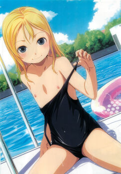 blonde_hair blue_eyes blush flat_chest highres innertube loli nipples partially_visible_vulva pool school_swimsuit sitting smile sody source_request swim_ring swimsuit topless_female undressing wet