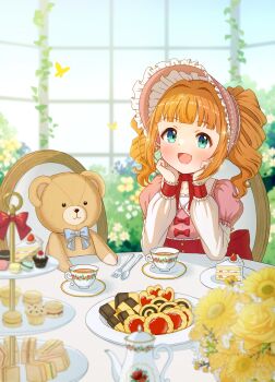 1girl :d absurdres blunt_bangs blurry blurry_background blush bonnet bow bug butterfly cake cake_slice chair checkerboard_cookie cookie cup desert dress eyebrows_hidden_by_hair flower food fork frilled_headwear frills green_eyes hands_on_own_chin highres idolmaster idolmaster_million_live! indoors insect lolita_fashion long_sleeves looking_at_viewer macaron open_mouth orange_hair plate puffy_sleeves sitting sizmaru11 smile solo stuffed_animal stuffed_toy table takatsuki_yayoi tea teacup teapot teddy_bear tiered_tray twintails utensil window
