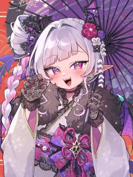 +_+ 1girl black_gloves black_wings braid character_request commentary_request demon_girl demon_tail demon_wings earrings flower fur-trimmed_kimono fur_trim gloves grey_hair hair_flower hair_ornament hair_ribbon highres holding holding_umbrella indie_virtual_youtuber japanese_clothes jewelry kimono lace lace_gloves long_hair long_pointy_ears long_sleeves looking_at_viewer multicolored_eyes multicolored_hair obi oil-paper_umbrella open_mouth pink_eyes pink_flower pink_hair pointy_ears purple_eyes purple_flower purple_ribbon purple_tail ribbon sash second-party_source sharp_teeth side_braid single_braid smile solo streaked_hair stud_earrings tail teeth trente two-tone_eyes two-tone_hair umbrella virtual_youtuber white_flower white_kimono wide_sleeves wing_hair_ornament wings