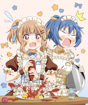 2girls absurdres alternate_costume alternate_hairstyle apron blonde_hair blue_bow blue_hair blush bow bowtie breasts brown_dress brown_eyes collarbone commentary_request detached_collar dress enmaided failure fang food frilled_apron frills fujino_mariya furutani_himawari glass gradient_background hair_ornament hair_ribbon hairclip heart highres ice ice_cube ketchup ketchup_bottle maid maid_apron maid_headdress medium_breasts medium_hair multiple_girls omelet omurice oomuro_sakurako open_mouth parallel_hairclips ponytail puffy_sleeves ribbon short_sleeves sidelocks sign simple_background spill spilling stain star_(symbol) striped_clothes striped_dress surprised table tray v-shaped_eyebrows waist_apron white_apron white_headdress wide_mouth wrist_cuffs yellow_bow yuruyuri