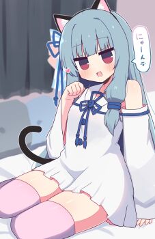 1girl :d animal_ear_fluff animal_ears bare_shoulders blue_hair blunt_bangs blush cat_ears cat_girl cat_tail commentary detached_sleeves dress hair_ribbon hand_up heart hibino_000 highres kemonomimi_mode kotonoha_aoi long_hair long_sleeves looking_at_viewer nyan open_mouth paw_pose pink_thighhighs red_eyes red_ribbon ribbon sitting smile solo tail thighhighs translated voiceroid white_dress white_sleeves wide_sleeves