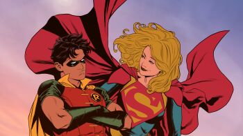 1boy 1girl absurdres batman_(series) black_hair blonde_hair cape dc_comics dick_grayson eye_mask flying gloves highres kara_danvers long_hair lucas_meyer mask robin_(dc) supergirl superhero_costume superman_(series) superman_logo