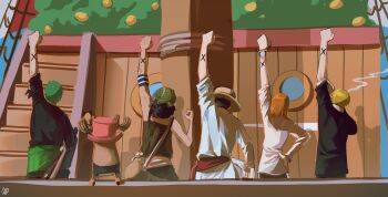 1girl 2024 5boys antlers arm_up bangle black_hair black_jacket blonde_hair bracelet brown_fur brown_overalls commentary_request cowboy_shot cross food from_behind fruit going_merry green_hair hand_on_own_hip haramaki hat highres horns jacket jewelry korean_commentary log_pose mandarin_orange monkey_d._luffy multiple_boys nami_(one_piece) nami_(one_piece)_(alabasta) official_alternate_costume one_piece only_op2024 orange_hair orange_tree outdoors overalls pink_hat pirate_ship red_sash reindeer_antlers reindeer_boy roronoa_zoro sanji_(one_piece) sash shirt short_hair straw_hat straw_hat_pirates tony_tony_chopper usopp white_shirt wooden_stairs