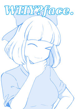 &gt;_&lt; 1girl bob_cut bow breasts commentary_request hair_bow hand_on_own_chin highres limited_palette medium_breasts nakano_hitomi shirt solo t-shirt uchi_emiri upper_body watashi_ga_motenai_no_wa_dou_kangaetemo_omaera_ga_warui!