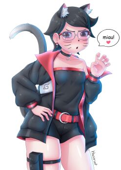 1girl absurdres animal_ears artist_name belt black_eyes black_hair black_jacket black_shirt black_shorts boruto:_two_blue_vortex breasts cat_ears cat_girl cat_tail choker claw_pose collarbone embarrassed facial_mark feet_out_of_frame female_focus glasses hand_on_own_hip hand_up hassylep highres jacket kemonomimi_mode matching_hair/eyes multicolored_jacket naruto_(series) open_clothes open_jacket parted_lips petite red_belt red_jacket red_shirt shirt short_hair shorts single_bare_shoulder single_off_shoulder small_breasts solo standing strapless strapless_shirt tail thick_thighs thigh_strap thighs two-tone_jacket two-tone_shirt uchiha_sarada