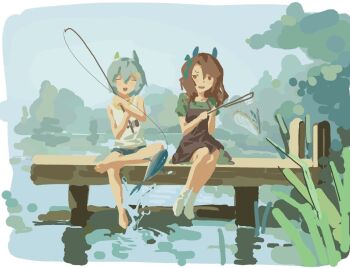 animal_ears bare_shoulders barefoot black_dress blue_shorts blush bow brown_hair closed_eyes dock dress ear_bow ear_covers ear_ribbon fish fishing fishing_net fishing_rod flower green_bow green_dress hair_flower hair_ornament hairclip hand_net holding holding_fishing_rod holding_net horse_ears horse_girl king_halo_(umamusume) lake long_hair multiple_girls net open_mouth outdoors red_eyes seiun_sky_(umamusume) short_hair short_sleeves shorts sitting smile socks sunflower sunflower_hair_ornament tank_top umamusume water white_socks white_tank_top yawndooyu