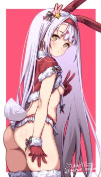 1girl absurdres animal_ears ass azur_lane breast_curtains breasts brown_eyes capelet christmas ear_covers frilled_panties frills from_behind fur_trim gloves hairband highres long_hair looking_at_viewer looking_back no_pants panties rabbit_ears rabbit_girl rabbit_tail red_capelet red_gloves red_hairband red_panties shimakaze_(azur_lane) sideboob small_breasts solo tail thighhighs thighs umyonge_(lkakeu) underwear v very_long_hair white_hair