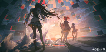 5girls absurdres akemi_homura arm_up beach black_hair black_pantyhose black_skirt chinese_commentary cloud cloudy_sky commentary_request dome facing_away fan_mu_zhang floating_hair from_behind hair_ribbon highres horizon jacket juliet_sleeves kaname_madoka long_hair long_sleeves mahou_shoujo_madoka_magica mahou_shoujo_madoka_magica_(anime) miki_sayaka mitakihara_school_uniform multiple_girls no_shoes ocean outdoors pantyhose pink_hair plaid_clothes plaid_skirt puffy_sleeves ribbon sakura_kyoko scenery school_uniform shadow short_hair short_twintails skirt sky standing sun sunset thighhighs tomoe_mami twintails v walking walking_away water watermark waving weibo_watermark white_thighhighs witch_(madoka_magica) yellow_jacket