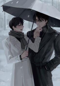 Rule 34 | 2boys, black coat, black eyes, black hair, black scarf, closed eyes, coat, cowboy shot, fringe trim, grin, hand in pocket, hand on another's wrist, highres, holding, holding umbrella, keomikan, kim dokja, looking at another, male focus, multiple boys, omniscient reader's viewpoint, open clothes, open coat, outdoors, popped collar, scarf, short hair, smile, snowing, umbrella, white coat, yoo joonghyuk