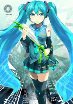 00s 10s 1girl 2007 2008 2009 2010 2011 2012 aqua_eyes aqua_hair bad_id bad_pixiv_id detached_sleeves female_focus hatsune_miku headset highres long_hair necktie silly_(marinkomoe) skirt solo spring_onion standing thighhighs twintails very_long_hair vocaloid