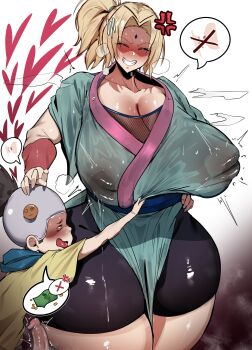 1boy 1girl absurdres age_difference angry blonde_hair blush breasts brown_hair closed_eyes erection facial_mark grabbing_another's_breast gradient_background groping highres huge_breasts kantan money naruto_(classic) naruto_(series) nervous onee-shota open_mouth penis ponytail rolling_eyes sarutobi_konohamaru shota size_difference speech_bubble tongue tongue_out tsunade_(naruto)