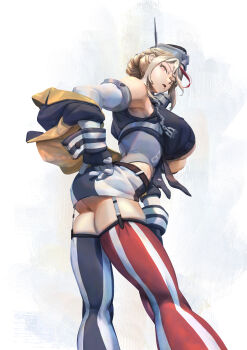 1girl absurdres blonde_hair blue_eyes breasts cleavage commentary feet_out_of_frame fingerless_gloves garter_straps gloves hair_between_eyes highres kantai_collection large_breasts looking_at_viewer open_mouth original revision simple_background star-shaped_pupils star_(symbol) symbol-shaped_pupils thighhighs uss_wisconsin_(bb-64)_(ye_fan) white_background ye_fan yellow_eyes