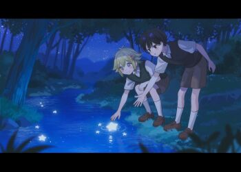 2boys antenna_hair basil_(faraway)_(omori) basil_(omori) black_eyes black_hair black_sweater_vest blonde_hair blue_eyes blush brown_shoes brown_shorts collared_shirt double-parted_bangs double_fish037 flower green_sweater_vest hair_between_eyes hair_flower hair_ornament highres leaning_forward letterboxed loafers male_focus multiple_boys night omori outdoors parted_lips shirt shoes short_hair short_sleeves shorts sidelocks sky smile socks star_(sky) starry_sky sunny_(omori) sweater_vest tree water white_shirt white_socks