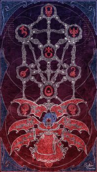 1girl abstract blue_hair capelet demon_wings dress floating full_body gradient_background hair_bobbles hair_ornament long_hair long_sleeves looking_at_viewer multiple_wings neck_ribbon no_mouth outstretched_arms red_capelet red_dress red_eyes ribbon sefirot shinki_(touhou) side_ponytail sidelocks solo spread_arms spread_wings touhou touhou_(pc-98) white_trim wide_sleeves wings