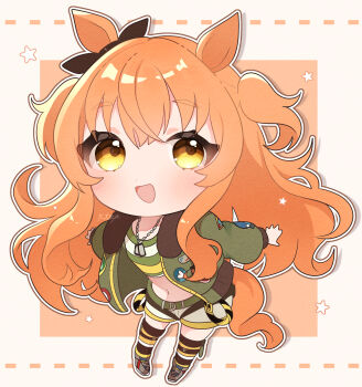 1girl absurdres animal_ears belt black_thighhighs blush bomber_jacket bow breasts brown_ribbon chibi chibi_only crop_top dog_tags ear_bow ear_ribbon green_belt green_jacket hair_between_eyes highres horse_ears horse_girl horse_tail jacket kurumiya_(krmy_p) long_hair long_sleeves looking_at_viewer mayano_top_gun_(scramble_zone)_(umamusume) mayano_top_gun_(umamusume) midriff navel open_clothes open_jacket open_mouth orange_eyes orange_hair orange_tail ribbon shirt shoes shorts smile solo star_(symbol) stomach striped_clothes striped_shirt tail thighhighs two_side_up umamusume white_shorts yellow_shirt