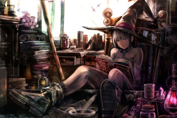 1girl black_boots black_socks book book_stack boots chair commentary_request crystal desk drawer feathers grey_hair hat holding holding_book indoors jar large_hat legs_on_table looking_at_viewer on_chair open_book original parted_bangs potion purple_eyes reading reclining short_hair sidelocks sitting socks solo strap_slip sushi_(sashimise) window witch witch_hat