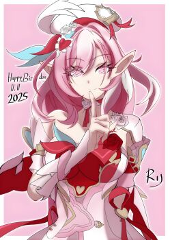 1girl beret bilingual_commentary border breasts commentary diamond-shaped_pupils diamond_(shape) dress elf elysia_(hi_love_elf)_(honkai_impact) elysia_(honkai_impact) english_commentary happy_birthday hat highres honkai_(series) honkai_impact_3rd large_breasts long_hair looking_at_viewer mixed-language_commentary multicolored_hair pink_background pink_hair pointy_ears purple_eyes red_dress rikolico00 solo symbol-shaped_pupils two-tone_hair very_long_hair white_border white_dress white_hair