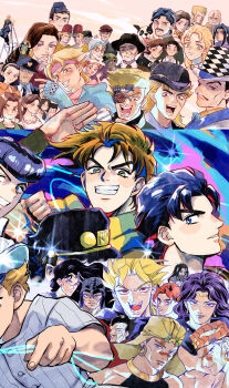 6+boys 6+girls absurdres animal asakeno bald battle_tendency beard black_hair blonde_hair blue_eyes blue_hair bob_cut brown_hair bruford caesar_anthonio_zeppeli character_request commentary_request crop_top danny_(jojo) dark-skinned_male dark_skin diamond_wa_kudakenai dio_brando dog earrings emporio_alnino erina_pendleton esidisi everyone face_piercing facial_hair facial_mark fangs fingerless_gloves flattop garrison_cap george_joestar george_joestar_ii glasses gloves grin hairband hat hazamada_toshikazu hazekura_mikitaka headscarf helmet higashikata_josuke higashikata_ryohei higashikata_tomoko highres hoop_earrings horns jewelry jojo_no_kimyou_na_bouken jonathan_joestar joseph_joestar joseph_joestar_(young) kanedaichi_toyohiro kars_(jojo) kawajiri_hayato kawajiri_shinobu kobayashi_tamami kuujou_joutarou lip_piercing lip_ring lisa_lisa loggins_(jojo) long_hair low_ponytail mark_(jojo) mary_joestar messina_(jojo) multiple_boys multiple_girls mustache necklace ok_sign old old_man old_woman open_mouth orange_hair parted_bangs partial_commentary phantom_blood piercing poco's_sister poco_(jojo) police police_uniform pompadour ponytail purple_hair red-framed_eyewear red_eyes robert_e._o._speedwagon rudolph_von_stroheim scar scar_on_face scarf short_hair short_sleeves smile smokey_brown stardust_crusaders stone_ocean straizo striped_clothes striped_scarf superfly_(stand) suspenders suzi_q tarkus tonpeti top_hat topless_male transmission_tower v-shaped_eyebrows wamuu wang_chan will_anthonio_zeppeli