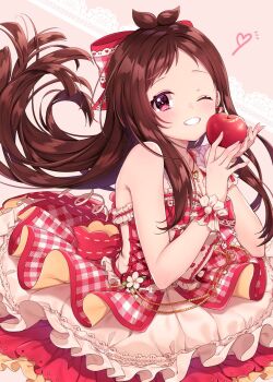 Rule 34 | 1girl, antenna hair, apple, bare shoulders, belly chain, blush, breasts, brown hair, cleavage, collarbone, dress, flower, food, frilled dress, frills, fruit, grin, hair ribbon, hands up, heart, heart necklace, highres, holding, holding food, holding fruit, idolmaster, idolmaster cinderella girls, idolmaster cinderella girls starlight stage, jewelry, layered dress, long hair, looking at viewer, medium breasts, necklace, one eye closed, pink background, plaid clothes, plaid dress, red dress, red ribbon, ribbon, scrunchie, sleeveless, sleeveless dress, smile, solo, tsujino akari, usano, white flower