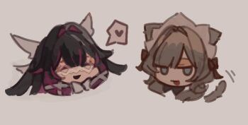 2girls :p animal_ears black_hair blunt_bangs brown_hair brown_headdress cat_ears cat_tail chibi chibi_only closed_eyes columbina_(genshin_impact) commentary cropped_head eni_(enidaisy69) eye_mask facing_another genshin_impact grey_background hair_between_eyes hair_ornament highres long_hair looking_to_the_side mask multicolored_hair multiple_girls purple_hair sandrone_(genshin_impact) sidelocks tail tongue tongue_out two-tone_hair white_mask winged_hair_ornament x_hair_ornament