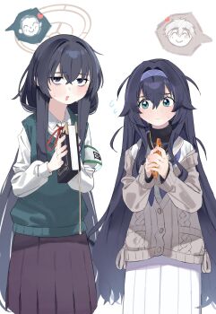 Rule 34 | 2boys, 2girls, aijou rentarou, armband, bags under eyes, black hair, black skirt, blue archive, blue eyes, blush, book, brown halo, cardigan, collared shirt, commentary, cosplay, costume switch, crossover, doodle sensei (blue archive), flying sweatdrops, green armband, green sweater vest, hair between eyes, hairband, halo, heart, highres, holding, holding book, holding phone, kimi no koto ga dai dai dai dai daisuki na 100-nin no kanojo, long hair, long sleeves, lonklink, looking at viewer, multiple boys, multiple girls, neck ribbon, neckerchief, ohananomitsu high school uniform, open mouth, phone, pleated skirt, purple eyes, purple hairband, purple neckerchief, red ribbon, ribbon, school uniform, sensei (blue archive), serafuku, shirt, sidelocks, simple background, skirt, sweater vest, ui (blue archive), very long hair, white background, white serafuku, white shirt, white skirt, yoshimoto shizuka