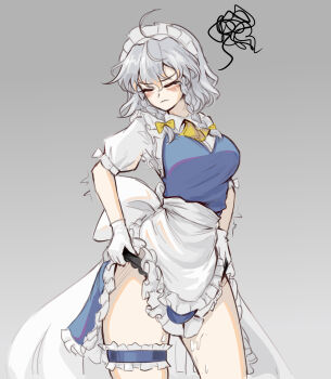 1girl absurdres apron blue_dress blush braid breasts closed_eyes clothed_after_sex clothes_lift commentary cowboy_shot cum cum_on_body cum_on_legs dress dress_lift edz_drawz english_commentary gloves grey_background grey_hair highres implied_after_sex izayoi_sakuya large_breasts maid maid_headdress medium_hair shirt simple_background solo squiggle standing thick_thighs thighs touhou twin_braids twitching white_gloves white_shirt