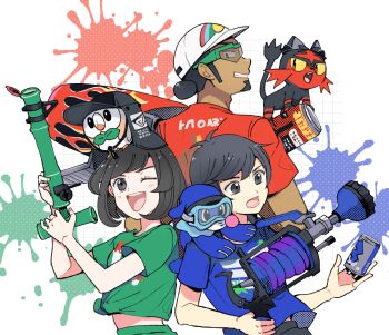 1girl 2boys ;d atsumi_yoshioka bamboozler_14_(splatoon) black_eyes black_hair black_headwear blue_shirt can clothed_pokemon commentary_request company_connection crossover dark-skinned_male dark_skin elio_(pokemon) facial_hair gen_7_pokemon goatee goggles green-framed_eyewear green_shirt grin h-3_nozzlenose_(splatoon) hair_bun hat professor_kukui litten multiple_boys nintendo on_head on_shoulder one_eye_closed open_mouth over-rim_eyewear paint_splatter pokemon pokemon_(creature) pokemon_on_head pokemon_on_shoulder pokemon_sm popplio range_blaster_(splatoon) red_shirt round_teeth rowlet selene_(pokemon) semi-rimless_eyewear shirt short_hair short_sleeves single_hair_bun smile splatoon_(series) splatoon_3 starter_pokemon_trio swept_bangs t-shirt teeth tied_shirt upper_teeth_only white_headwear