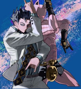 2boys :/ \n/ abs animal_ears arm_up black_gloves black_skirt blue_background blue_necktie cat_ears closed_mouth collared_shirt colored_eyelashes colored_sclera colored_skin cropped_legs diamond_wa_kudakenai formal_clothes gloves green_shirt grey_eyes grey_hair grey_jacket grey_pants grey_suit hand_up highres jacket jojo_no_kimyou_na_bouken jojo_pose kawajiri_kosaku killer_queen killer_queen&#039;s_pose kira_yoshikage korean_commentary long_sleeves looking_at_viewer male_focus miniskirt multicolored_background multiple_boys necktie no_shirt pants partially_fingerless_gloves pink_sclera pink_skin sasi_mozzi1 shirt short_hair skirt skull_print slit_pupils stand_(jojo) striped_clothes striped_shirt studded_gloves suit upper_body