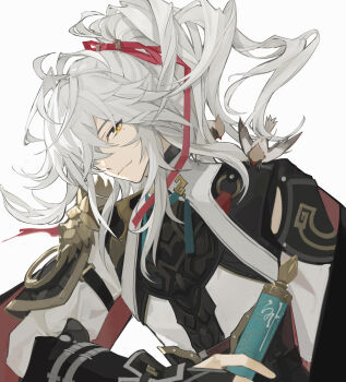 1boy animal animal_on_shoulder armor bird bird_on_shoulder bishounen chinese_clothes closed_mouth facing_to_the_side gloves hair_over_one_eye high_ponytail highres holding holding_scroll honkai:_star_rail honkai_(series) its8b japanese_armor jing_yuan long_hair long_sleeves looking_at_viewer male_focus mole mole_under_eye one_eye_covered ponytail red_ribbon ribbon scroll shoulder_armor simple_background smile sode solo white_background white_hair yellow_eyes