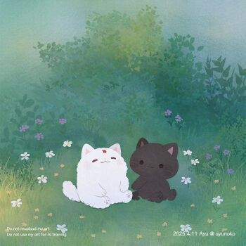 Rule 34 | :3, animal, animal focus, artist name, ayu (mog), black cat, bug, cat, closed eyes, closed mouth, commentary request, dated, flower, grass, highres, insect, ladybug, no humans, original, outdoors, solid circle eyes, twitter username, watermark, whiskers, white cat, white flower