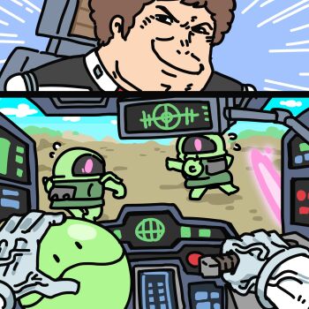 1boy afei_(sfma3248) amuro_ray asgore_running_over_dess_(meme) brown_hair chasing chibi cockpit commentary_request earth_federation energy_sword fleeing flying_sweatdrops gundam haro highres lever looking_at_viewer looking_back male_focus mecha mecha_focus mecha_pilot_suit meme mobile_suit mobile_suit_gundam normal_suit_(gundam) one-eyed outdoors piloting pov pov_hands robot running short_hair smile sword v-shaped_eyebrows veins veiny_hands weapon zaku_ii zeon