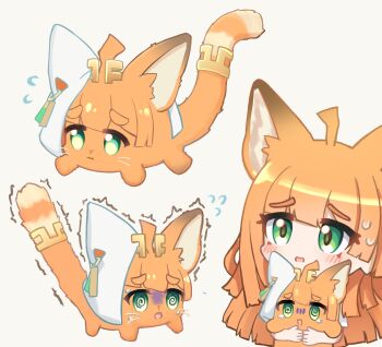 Rule 34 | 1girl, @ @, absurdres, animal ears, arknights, cat, cat ears, cat girl, green eyes, highres, multiple views, open mouth, orange cat, orange hair, papyrus (arknights), th3cr0ma