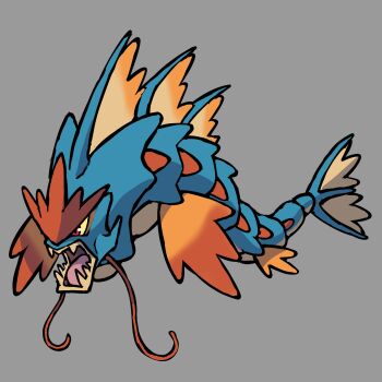 absurdres adoptable animal_focus colored_sclera commentary english_commentary fakemon full_body gen_1_pokemon grey_background gyarados highres mega_gyarados mega_pokemon nintendo no_humans open_mouth original pokemon pokemon_(creature) pokemon_focus red_eyes rgreywind simple_background solo v-shaped_eyes yellow_sclera