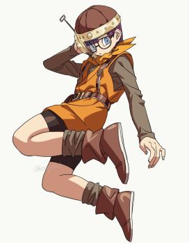 1girl belt bike_shorts black_shorts blue_eyes blunt_bangs boots brown_boots brown_shirt brown_socks chrono_trigger full_body glasses helmet hosodayo long_sleeves looking_at_viewer looking_to_the_side lucca_ashtear orange_tunic purple_hair scarf shirt short_hair shorts simple_background socks solo suspenders tunic white_background