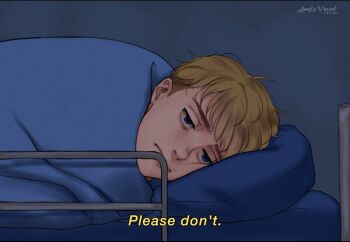 1boy annlu_vazzel armin_arlert bed blanket blonde_hair covering_privates how_i_met_your_mother pillow shingeki_no_kyojin