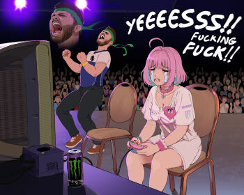 1boy 1girl ahoge audience belt_collar black_pants breasts can chair choker clenched_hands closed_eyes collar collarbone colored_inner_hair commentary controller crt crying english_commentary english_text evolution_championship_series facial_hair frown game_console game_controller gamecube gamecube_controller giganticbuddha green_headband hair_intakes hands_up headband highres holding holding_controller holding_game_controller hungrybox idolmaster idolmaster_cinderella_girls indoors medium_breasts monster_energy multicolored_hair mustache nintendo open_mouth pants pepto_bismol pink_choker pink_hair real_life sad shirt short_hair short_sleeves shorts shouting sidelocks sitting stage stage_lights standing streaming_tears super_smash_bros. super_smash_bros._melee tears teeth tongue uvula white_shirt white_shorts wispy_bangs wristband yumemi_riamu