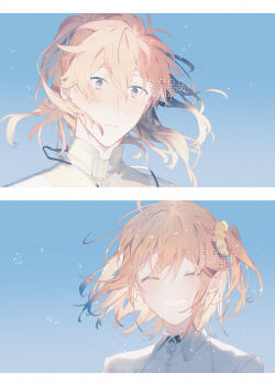 1boy 1girl 57krmt ^_^ absurdres artist_name bad_id bad_twitter_id blush border chaldea_logo chaldea_uniform closed_eyes closed_mouth collared_shirt commentary_request facing_another facing_viewer fate/grand_order fate_(series) floating_hair frown fujimaru_ritsuka_(female) grin hair_between_eyes hair_ornament hair_scrunchie hetero high_collar highres lanyard long_hair looking_at_another looking_at_viewer multiple_pov orange_hair pov romani_archaman scrunchie shirt short_hair sky smile split_screen twitter_username upper_body watermark white_border white_shirt wide-eyed wing_collar yellow_scrunchie