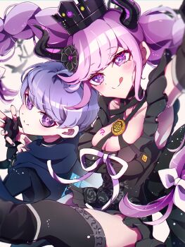 1boy 1girl absurdres ahoge black_dress black_flower black_footwear black_gloves black_horns black_jacket black_nails black_sleeves black_thighhighs blue_cape blush braid breasts cape cleavage closed_mouth commentary_request criss-cross_halter crown detached_sleeves dress feathers fingerless_gloves floral_print flower frilled_dress frills gloves hair_flower hair_ornament hair_ribbon halterneck highres horns jacket large_breasts long_hair long_sleeves looking_at_viewer master_detective_archives:_rain_code nail_polish pink_eyes pink_hair purple_eyes purple_hair ribbon shinigami_(rain_code) short_hair smile suzukuru_(suzukurukuru373) symbol_in_eye thighhighs tongue tongue_out twin_braids very_long_hair white_ribbon yuma_kokohead