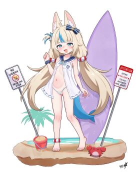 1girl :3 animal_ear_fluff animal_ears barefoot beach bikini bikini_bottom_only blonde_hair blue_bikini blue_bow blue_eyes blue_hair blue_nails blue_sailor_collar blue_scrunchie blush boppin bow bucket cat_ears collarbone commentary commission covered_erect_nipples crab crying_emoji dress emoji fangs feet fins fish_girl fish_tail flat_chest frilled_sailor_collar frills frontal_wedgie full_body hair_bow highleg highleg_bikini highres indie_virtual_youtuber loli long_hair low_twintails multicolored_hair nail_polish navel ocean one_side_up open_mouth paid_reward_available palm_tree road_sign sailor_collar sailor_dress sameko_saba sand scrunchie sign solo standing streaked_hair striped_bikini striped_clothes surfboard swimsuit tail toenail_polish toenails toes tree twintails two-tone_hair variant_set very_long_hair virtual_youtuber wedgie white_dress wrist_scrunchie