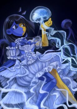 1girl alternate_costume black_eyes black_hair blue_skin blunt_bangs blunt_ends colored_skin ena_(ena) ena_(series) ena_(species) ena_(web_series) floating_head happy_ena highres jellyfish lolita_fashion long_hair low_poly multicolored_skin open_mouth short_sleeves simple_background smile split-color_skin two-tone_skin usagimarumei yellow_skin