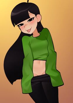 1girl 2023 :p asian black_eyes black_hair black_pantyhose cartoon_network clothes_pull codename:_kids_next_door cowboy_shot female_focus gradient_background green_sweater highres loli long_hair long_sleeves loodncrood numbuh_3 pantyhose pantyhose_pull simple_background smile solo standing sweater teasing tongue tongue_out uncensored very_long_hair