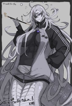 10den 1girl ahoge black_hair black_nails breasts cleavage commentary_request fingernails forked_tongue hair_over_one_eye hand_in_pocket highres holding holding_smoking_pipe huge_breasts jacket lamia long_fingernails long_hair long_sleeves looking_at_viewer monster_girl multicolored_hair open_clothes original puffy_sleeves purple_eyes sharp_teeth smoking_pipe snake_tail tail tall_female teeth tongue tongue_out